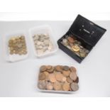 Selection of mainly GB pre-decimal cupro-nickel and copper coinage and a tin of mixed world coins (