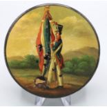 Of Napoleonic War interest: early C19th French papier-mache circular snuff box, the lid painted with