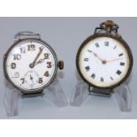 Swiss WWI silver trench watch, white enamel dial skeletonised Arabic numerals and subsidiary