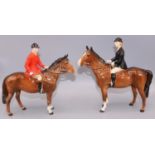 Beswick figures: huntsman and huntswoman, both on standing bay horses, max. H21cm (2)