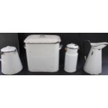 Mid C20th white enamel kitchen bread bin, lidded dairy jug, small milk pail and similar jug, max