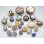 Collection of pill and and other small boxes incl. enamelled, mother of pearl, stone tops etc