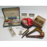 Collection of brooches, cufflinks, tie clips, etc. inc. pipe with hallmarked silver collar 'H.P.'