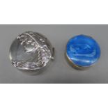 Continental silver pill box with blue enamel lid decorated with exotic birds in landscape, the