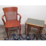 C20th Office open arm chair on angular cabriole legs and a nest of three coffee tables on fluted