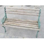 Vintage cast iron and wood slatted garden bench, W113.5cm