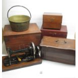 The Eclipse sewing machine in original wood carry case, brass jam pan & 3 various sized wood