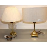 C20th brass Corinthian column table lamp H49 and a lead crystal and brass mounted table lamp