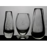 Three small mid C20th Scandinavian clear glass vases with etched designs, incl. Kosta Boda glass