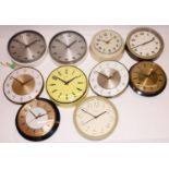 Metamec mechanical wall clock with two tone dial D20.5cm, five retro Metamec mains electric wall