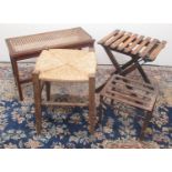 C20th wooden folding luggage stand, canework top oak stool, rush seat stool and a wrought metal