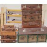 Collection C20th luggage, incl. wooden bound canvas travel trunk, leather suitcases, briefcases