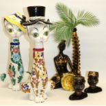 Group of mid C20th Italian ceramics incl. a pair of long necked cats in hats with floral