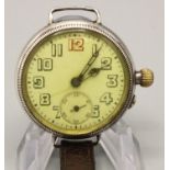 WWI period Borgel silver cased trench watch, white enamel dial skeletonised Arabic numerals, red