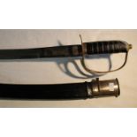Reproduction cavalry sabres in leather scabbard with Arabic cypher and elephant to ricasso, blade