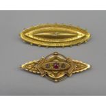 Edwardian yellow gold ornate mourning brooch with clear back panel set with ruby and two diamonds in