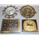 Metamec rectangular mahogany and brass bound wall clock, signed two tone gold coloured dial with