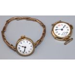 Swiss lady's gold cased hand wound wristwatch on rolled gold expanding bracelet, white Arabic enamel