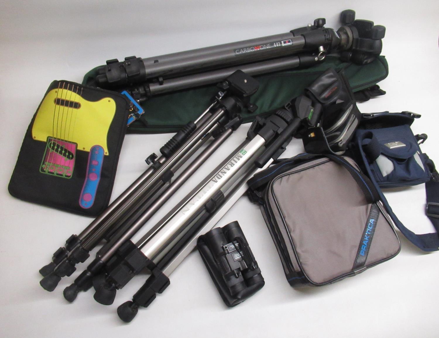 V-Guard, Miranda Titan and a bagged Manfrotto Carbonone 441 tripods, Praktica Sport 10 x25 DCF