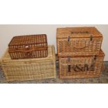 Two Fortnum and Mason wicker hampers with leather straps, 52x34x26cm and 57x39x39cm, and two other