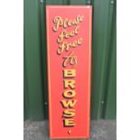 Painted wooden "Please Feel Free To Browse" sign, H122cm W38.2cm