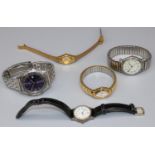 Accurist stainless steel quartz wristwatch with date, signed sunburst purple dial, baton hour