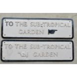 Two vintage cast metal signs "To The Sub-Tropical Garden", left and right pointed. L61.1cm W17.