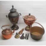 C20th brass samovar, another brass & copper samovar, brass jam pan, copper kettle, copper & brass