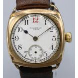 Waltham rolled gold hand wound wristwatch, signed white enamel dial with red 12, outer minute