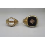 9ct yellow gold signet ring set with black plastic stone face with central clear stone, stamped 375,
