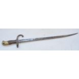 French Model 1874 Gras bayonet with brass hilt and walnut grips. Blade end bent, no scabbard.
