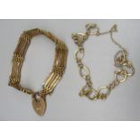 9ct yellow gold chain link bracelet, stamped 375, missing closure, 7.4g, and a yellow metal five bar