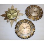 Metamec gold finish sunburst wall clock, signed gold finish dial with Arabic numerals and centre