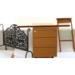 Small office chest of drawers, washboard, cast metal fire grate and Rabone & Sons spirit level (4)