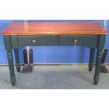Green paint finished two drawer side table with polished top, WS127cm D46cm H80cm