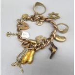 Yellow metal charm bracelet with 9ct yellow gold padlock closure, stamped 375, set with ten 9ct