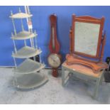 Vintage green painted five tier corner what-not, similar cane seat stool, mahogany toilet mirror and