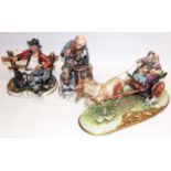 Capodimonte figure groups, including horse and trap L40cm, man with doves H25cm, and a seated man