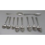 Set of five George 111 hallmarked bright cut silver tea spoons, probably London 1808, another