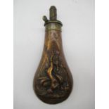 James Dixon and Sons Brass and copper powder flask embossed with hanging dead game and James Dixon