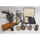 C20th century brass student's microscope, in original mahogany fitted case, horse brasses, cased