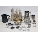 C20th six bottle table cruet on EPNS stand, other silver plated wares, pewter 1 pint tankard etc