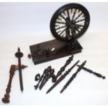 C19th table top mahogany spinning wheel H28.5cm (incomplete) and other C19th needlework related