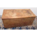 Elm rectangular blanket box with hinged lid, pine base with castors, W96cm D45cm H43cm