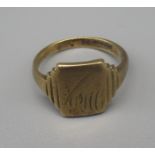 9ct yellow gold square faced signet ring with engraved initials to face RHC, stamped 375, 5.5g