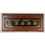 Early C20th electric servants bell board of five windows in mahogany frame and backboard, W44cm