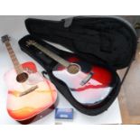 Two full size acoustic guitars, an Opus Model SW201RDS with canvas case and strap and a Laramie By