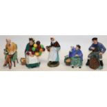 Royal Doulton figures: Tuppence a Bag HN2320, Country Lass HN1991, The Lobster Man HN2317, Pride and