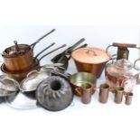 Selection of Kitchen metalware incl. copper plated pans, copper kettle, graduated measures etc (qty)