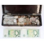 Box of C20th GB and world mixed coinage and two GB banknotes (qty)